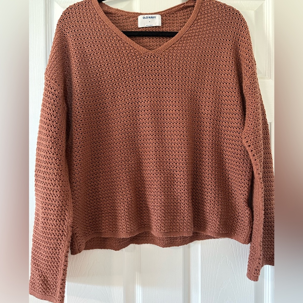 Women’s Old Navy Vneck Rust Crochet Sweater with Bell Sleeves Medium